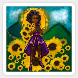 anime girl  sunflower warrior princess ii with Bantu knots - black girl with Afro hair and dark brown skin and flowers Sticker